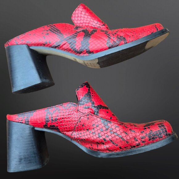 Vintage 90s Bata Chunky Mules US Size 7.5 Red Black Snake Print Leather Heels - Picture 2 of 10